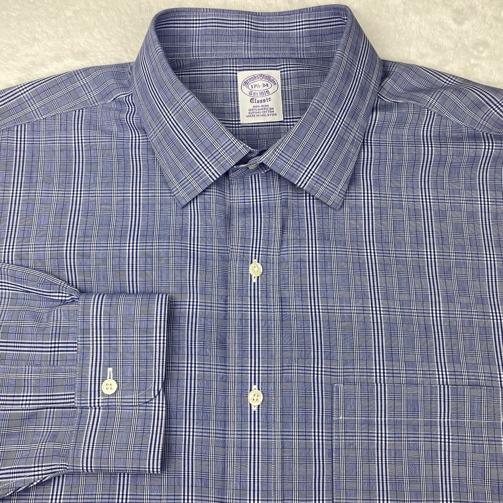 Brooks Brothers Mens Dress Shirt 17.5-34 Blue Plaid Classic Purple Label No Iron